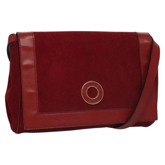 CELINE Shoulder Bag Suede Leather Red Gold Auth - Picture 1 of 15